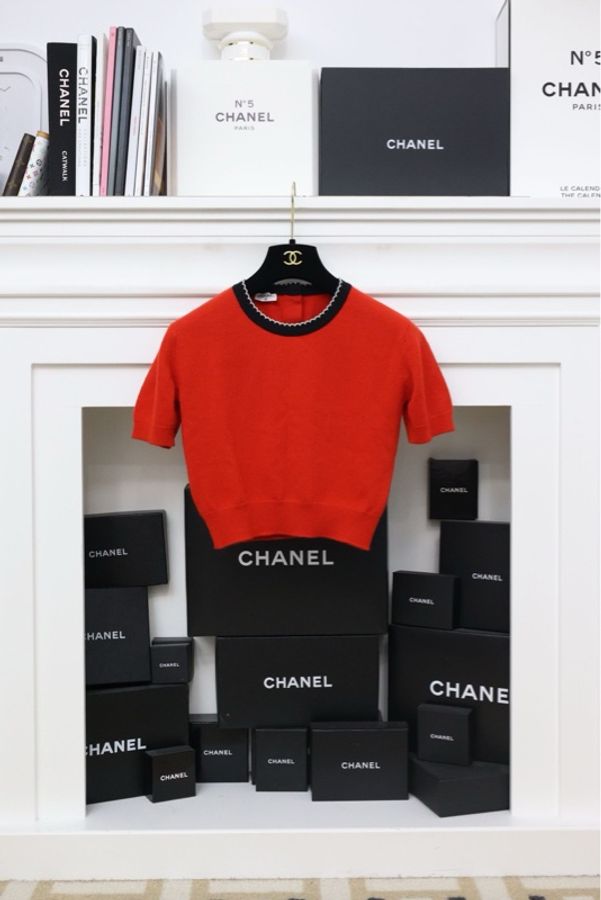 Chanel 94年红色针织花瓣滚边开衫外套短袖半裙三件套套装-32