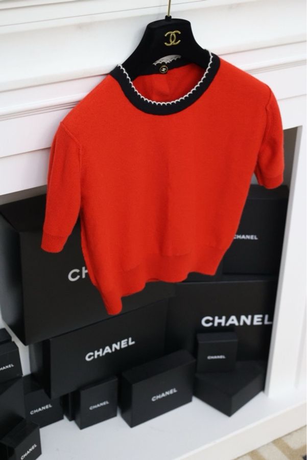 Chanel 94年红色针织花瓣滚边开衫外套短袖半裙三件套套装-33