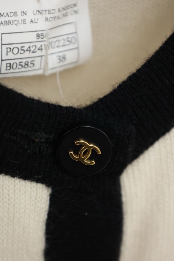 Chanel1995年黑白滚边羊绒四口袋针织开衫外套-7