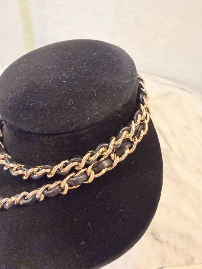 Chanel 淡金色皮穿鍊雙C耳機鍊-15