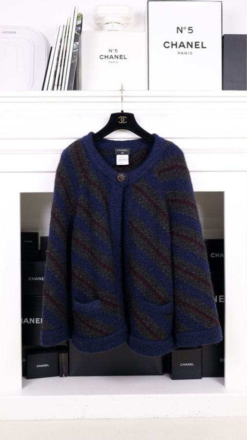 Chanel 12年斗篷秋冬蓝绿斜纹条纹琉璃扣一粒扣针织开衫-0