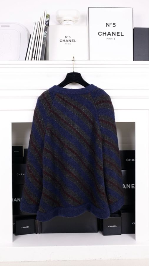 Chanel 12年斗篷秋冬蓝绿斜纹条纹琉璃扣一粒扣针织开衫-1