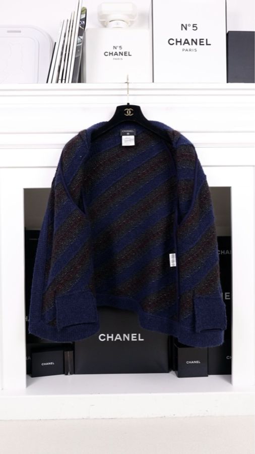 Chanel 12年斗篷秋冬蓝绿斜纹条纹琉璃扣一粒扣针织开衫-2