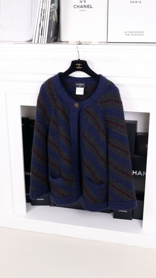Chanel 12年斗篷秋冬蓝绿斜纹条纹琉璃扣一粒扣针织开衫-3