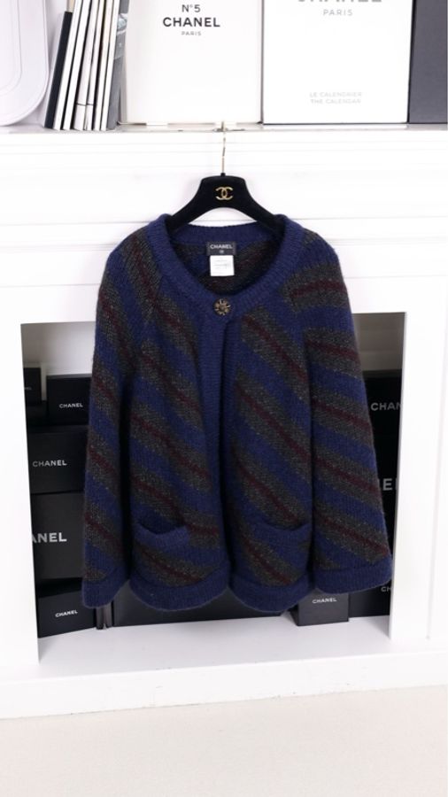 Chanel 12年斗篷秋冬蓝绿斜纹条纹琉璃扣一粒扣针织开衫-4
