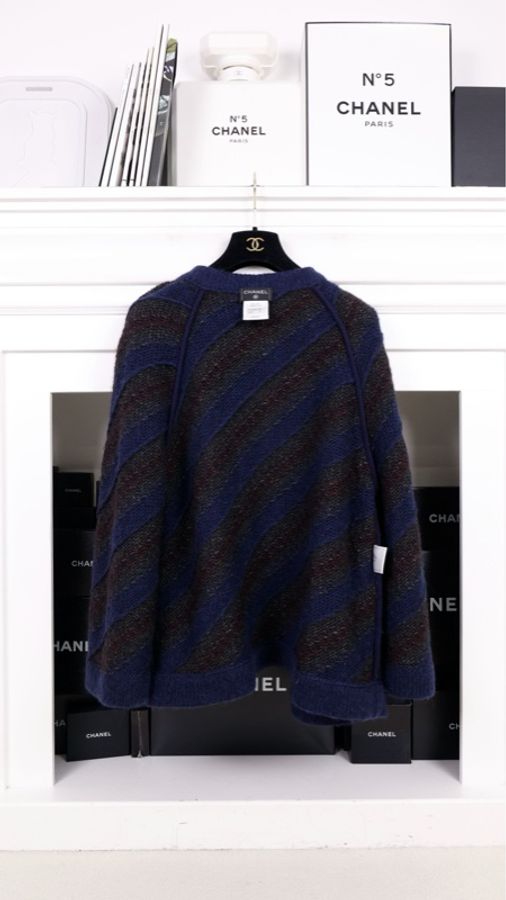 Chanel 12年斗篷秋冬蓝绿斜纹条纹琉璃扣一粒扣针织开衫-5