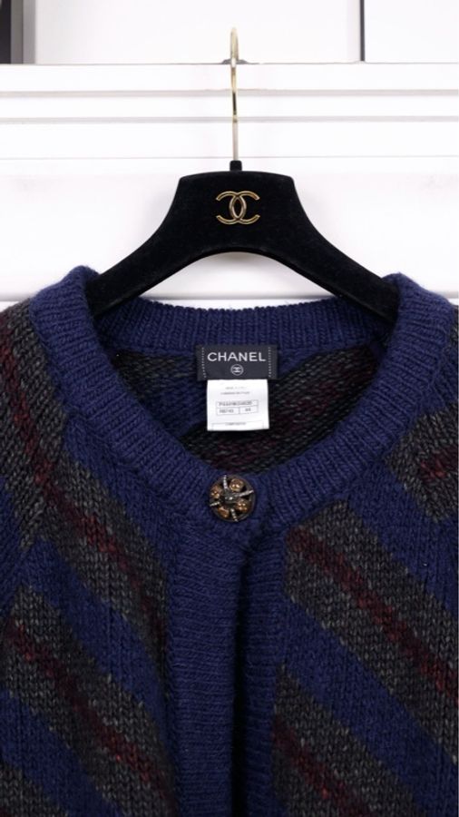 Chanel 12年斗篷秋冬蓝绿斜纹条纹琉璃扣一粒扣针织开衫-7