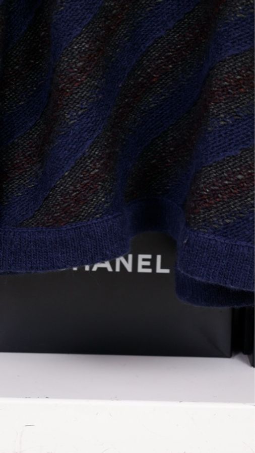 Chanel 12年斗篷秋冬蓝绿斜纹条纹琉璃扣一粒扣针织开衫-12