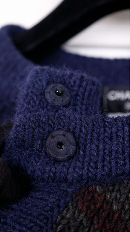 Chanel 12年斗篷秋冬蓝绿斜纹条纹琉璃扣一粒扣针织开衫-21