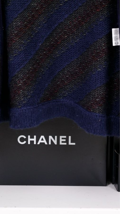 Chanel 12年斗篷秋冬蓝绿斜纹条纹琉璃扣一粒扣针织开衫-22