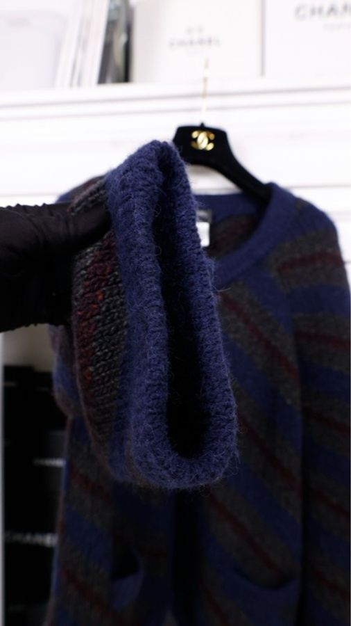 Chanel 12年斗篷秋冬蓝绿斜纹条纹琉璃扣一粒扣针织开衫-36