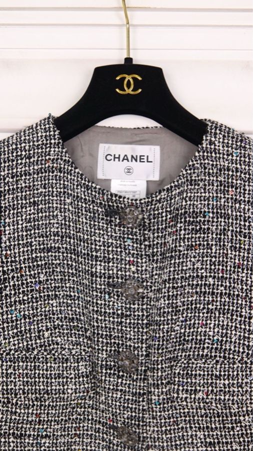 Chanel 15年迪拜系列黑白格纹亮片琉璃扣两口袋crop短外套22.10.20-33