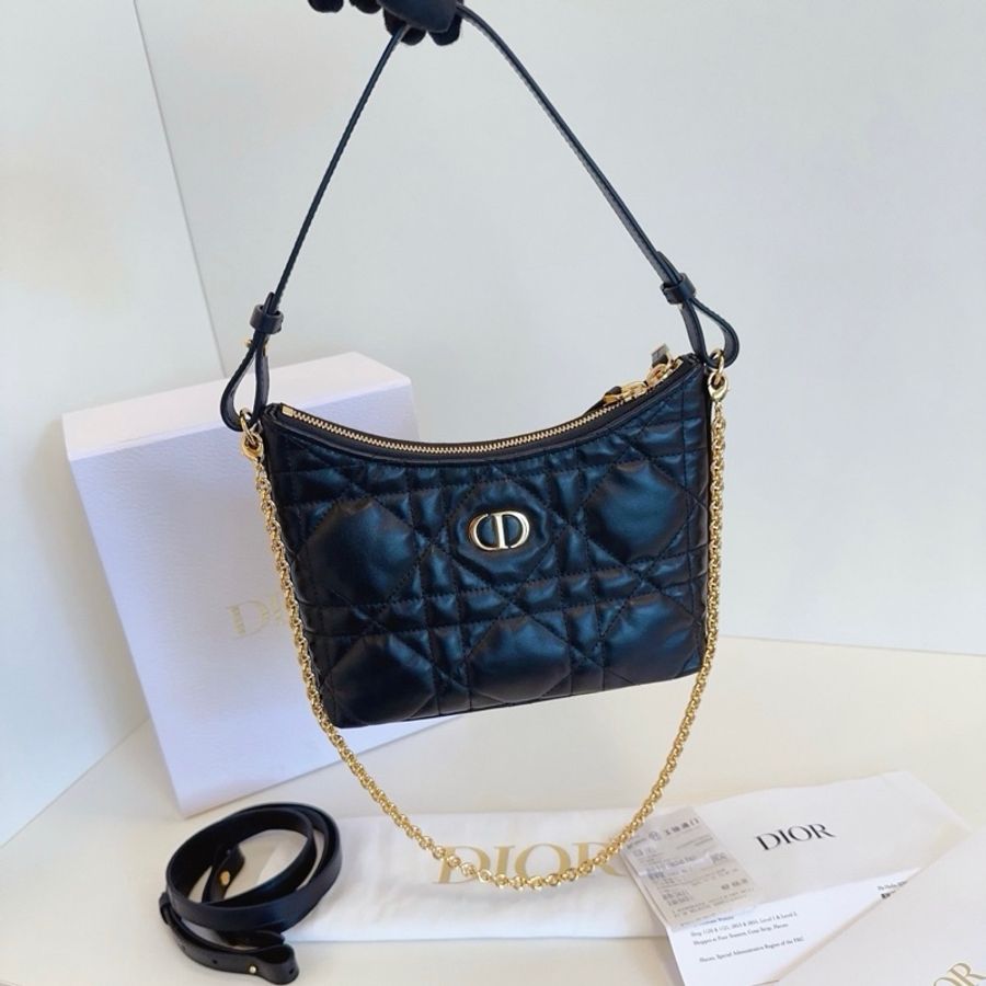 Dior 迪奧Miss DIOR Hobo全皮經典藤格紋飯盒包單肩包手提包腋下包 黑金-1