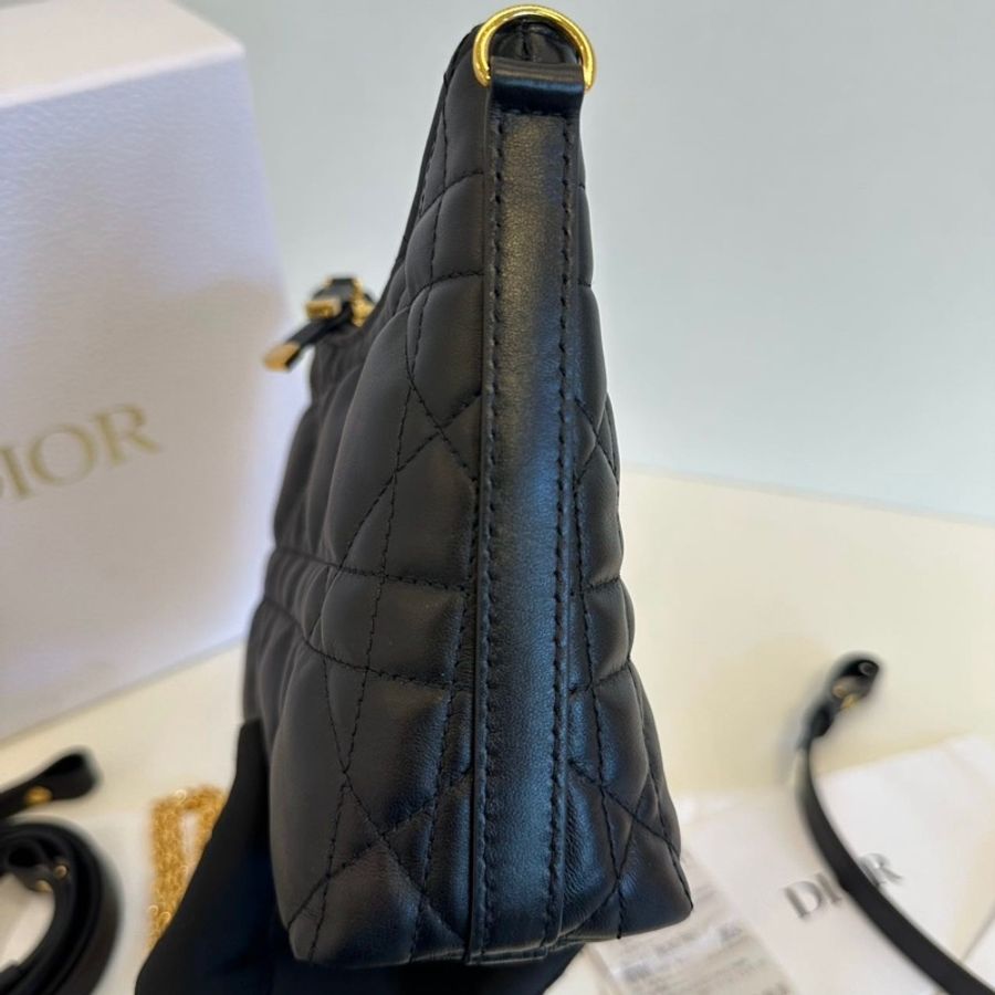 Dior 迪奧Miss DIOR Hobo全皮經典藤格紋飯盒包單肩包手提包腋下包 黑金-3