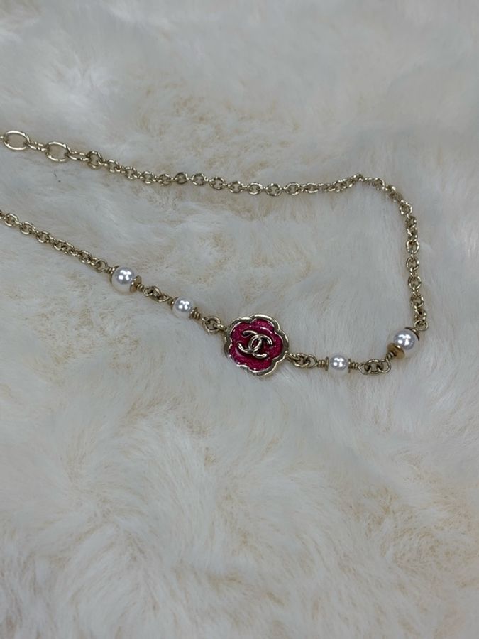 Chanel 香奈兒 短頸鏈 山茶花 桃紅、淡金 珍珠-7