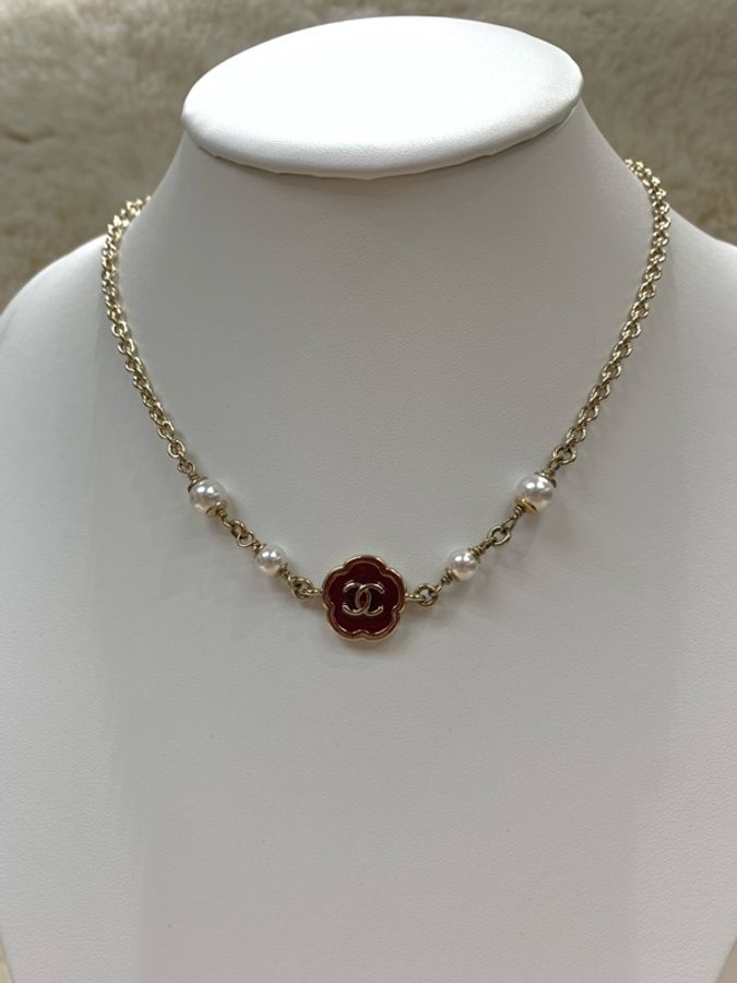 Chanel 香奈兒 短頸鏈 山茶花 桃紅、淡金 珍珠-8
