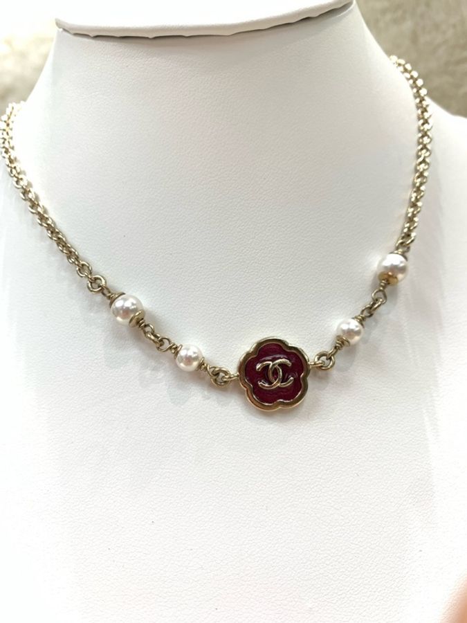Chanel 香奈兒 短頸鏈 山茶花 桃紅、淡金 珍珠-17