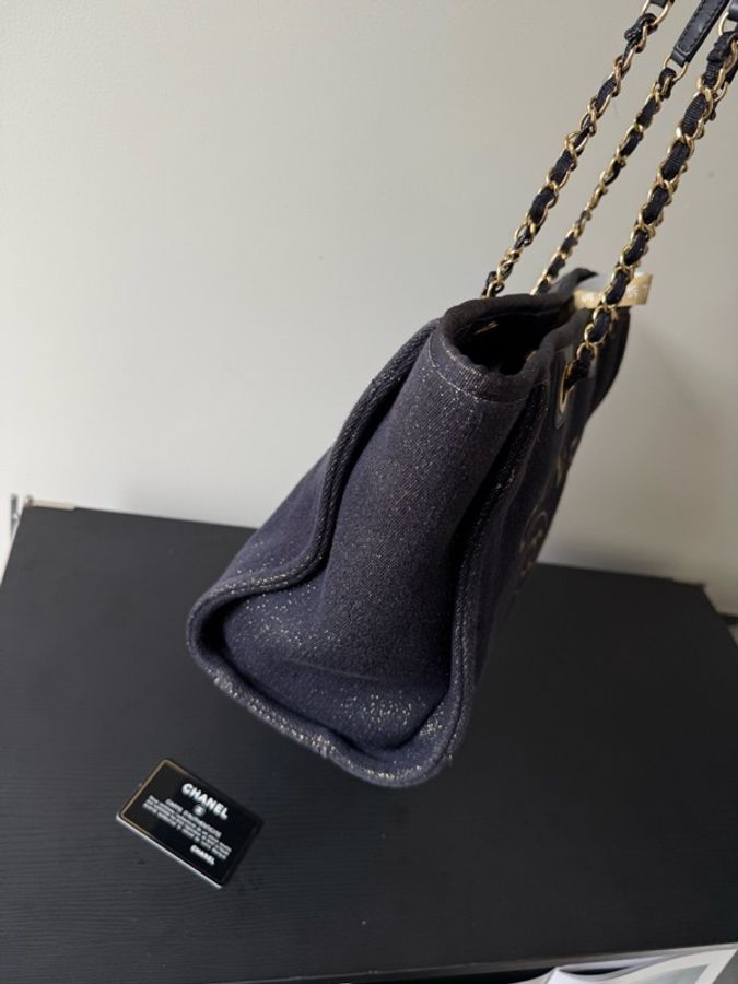 Chanel 香奈兒 深藍色金線tote沙灘包 小號底長34-3