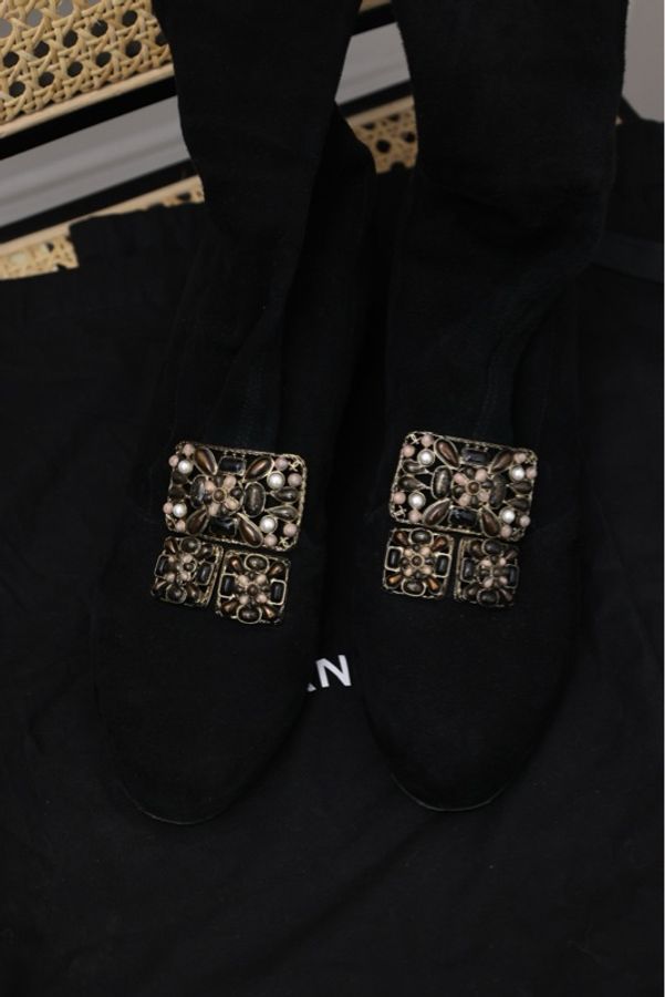 Chanel 11年拜占庭黑色琉璃麂皮长筒靴-4