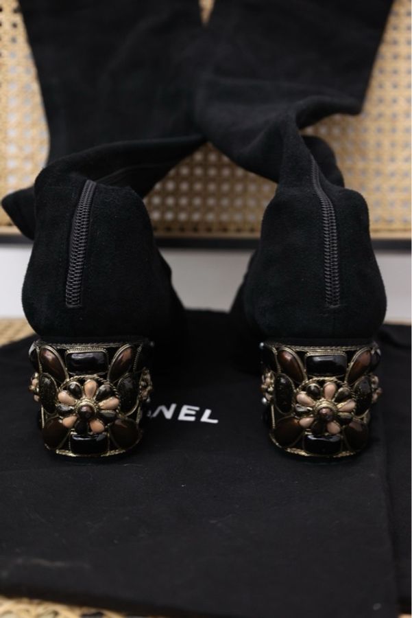 Chanel 11年拜占庭黑色琉璃麂皮长筒靴-7