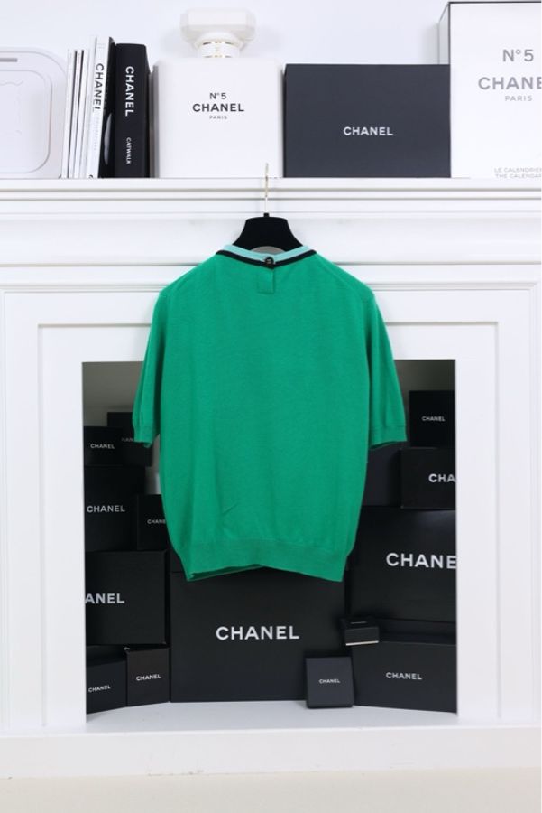 Chanel绿色针织蓝黑圆领滚边针织短袖-1