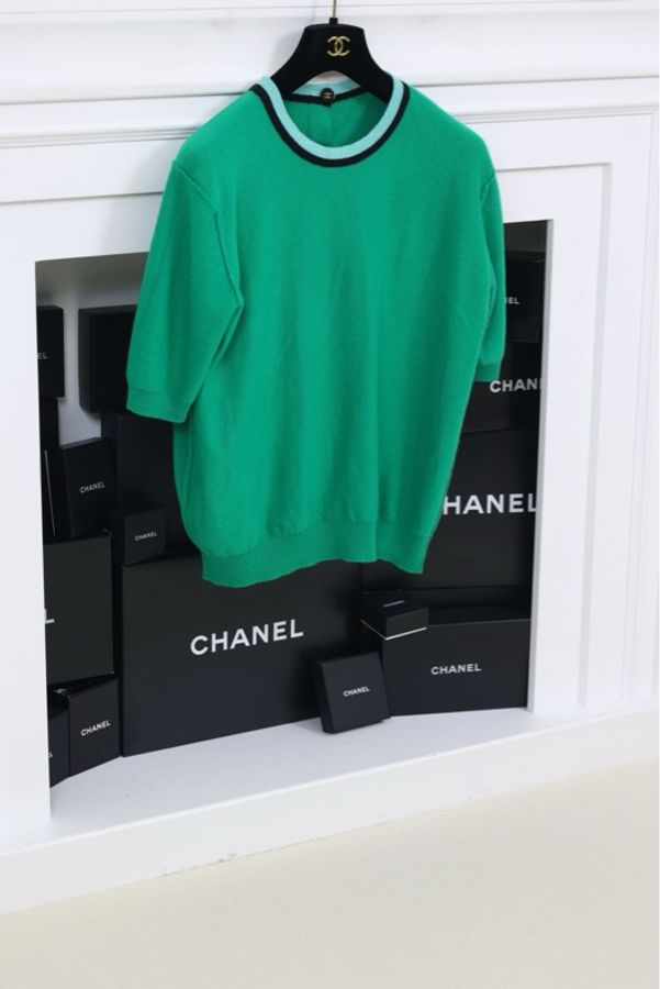 Chanel绿色针织蓝黑圆领滚边针织短袖-5