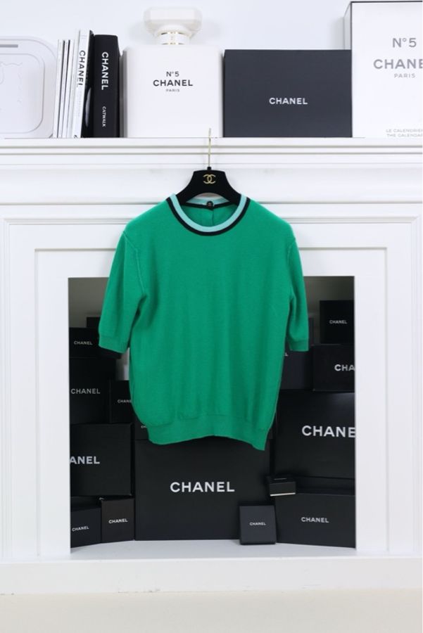 Chanel绿色针织蓝黑圆领滚边针织短袖-6