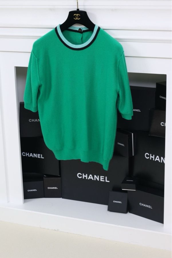 Chanel绿色针织蓝黑圆领滚边针织短袖-7
