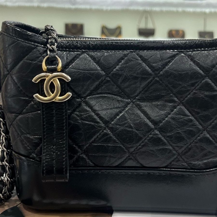 香奈兒/Chanel 黑金牛皮菱格小號流浪包-6