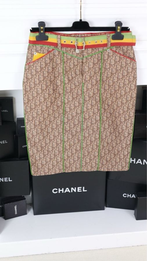 Dior棕色老花满印牙买加系列彩色腰带半裙-3