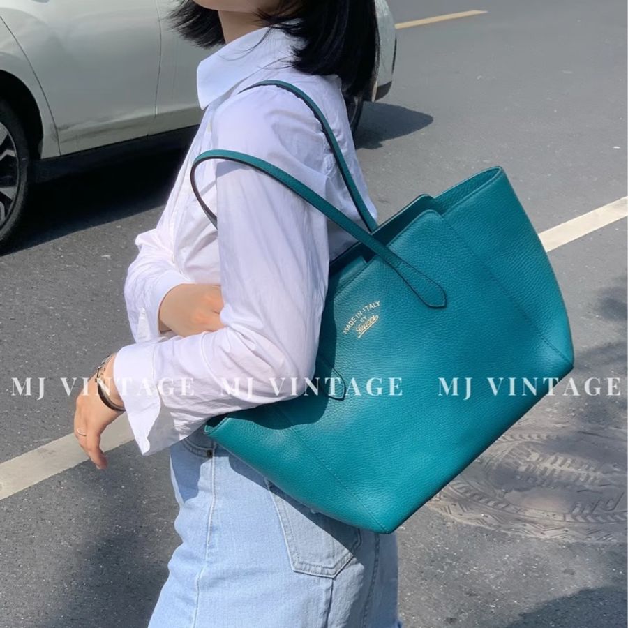 GUCCI Swing Large 牛皮 皮革 孔雀綠 托特包 購物包 肩背包 手提包 側背包-5