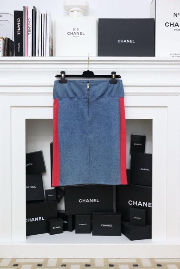 Chanel 92年海报款玫红线条丹宁牛仔拼接半裙-1
