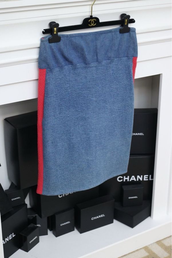 Chanel 92年海报款玫红线条丹宁牛仔拼接半裙-2