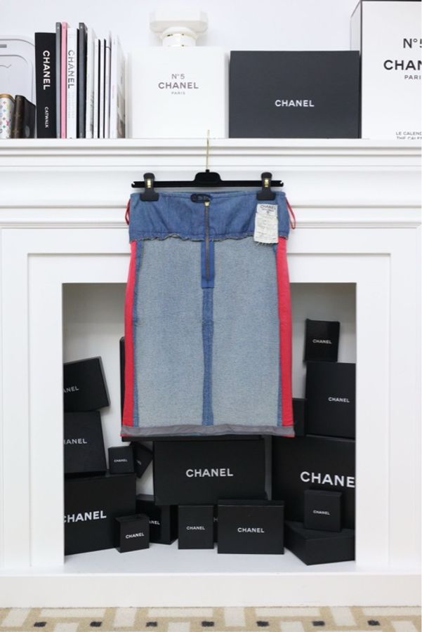 Chanel 92年海报款玫红线条丹宁牛仔拼接半裙-4
