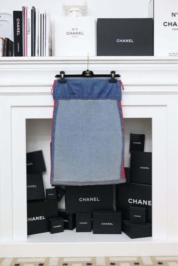 Chanel 92年海报款玫红线条丹宁牛仔拼接半裙-5