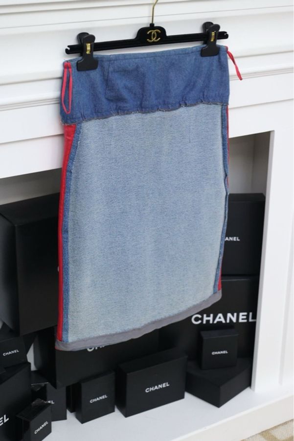 Chanel 92年海报款玫红线条丹宁牛仔拼接半裙-6
