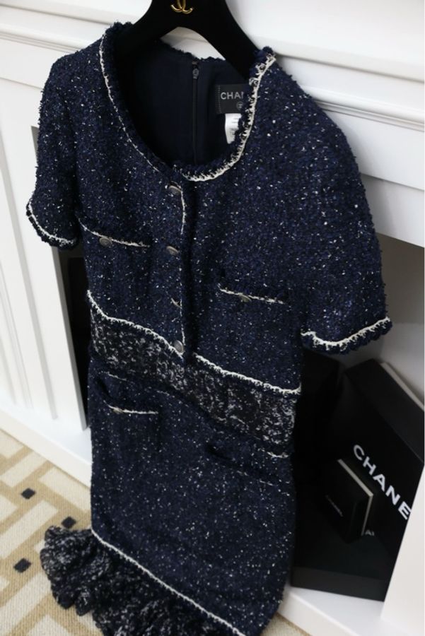 Chanel 12年亮片细闪暗夜蓝粗花呢短袖连衣裙-3