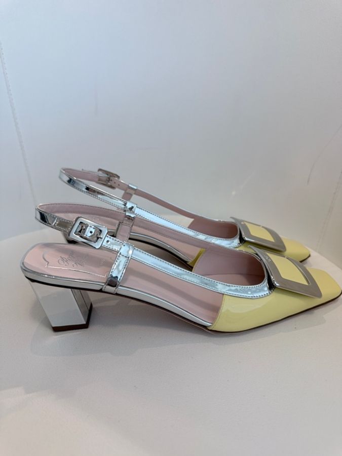Roger vivier✨RV超顯白氣質方釦銀色拼接低跟鞋 #39-9
