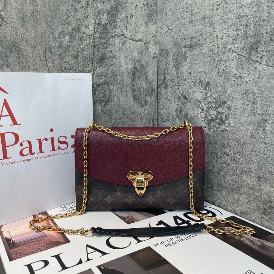 98新 LV Saint Placide 21年 紫紅色拼老花 經典斜揹信封包-1
