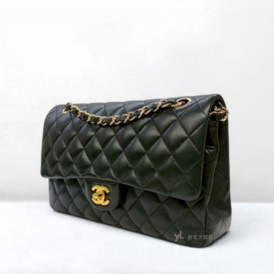 A13348-CHANEL COCO25 黑色羊皮金釦口蓋包A01112-2
