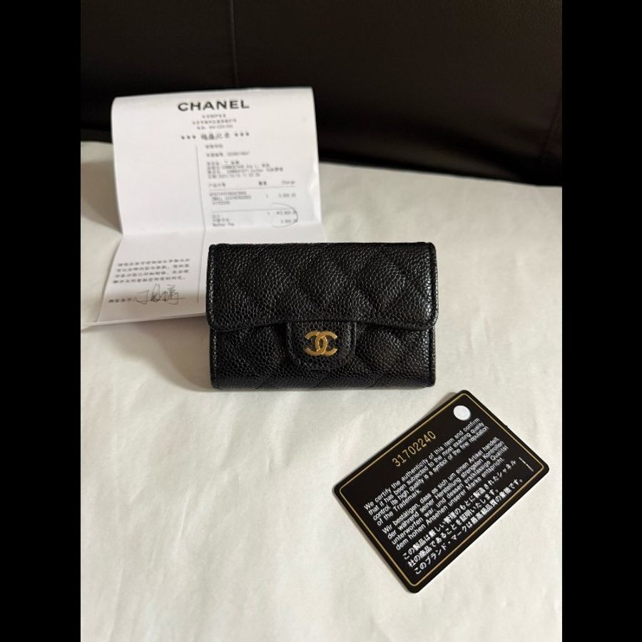 CHANEL香奈兒 99新 黑色金扣黑金荔枝紋牛皮CF卡包零錢包-0