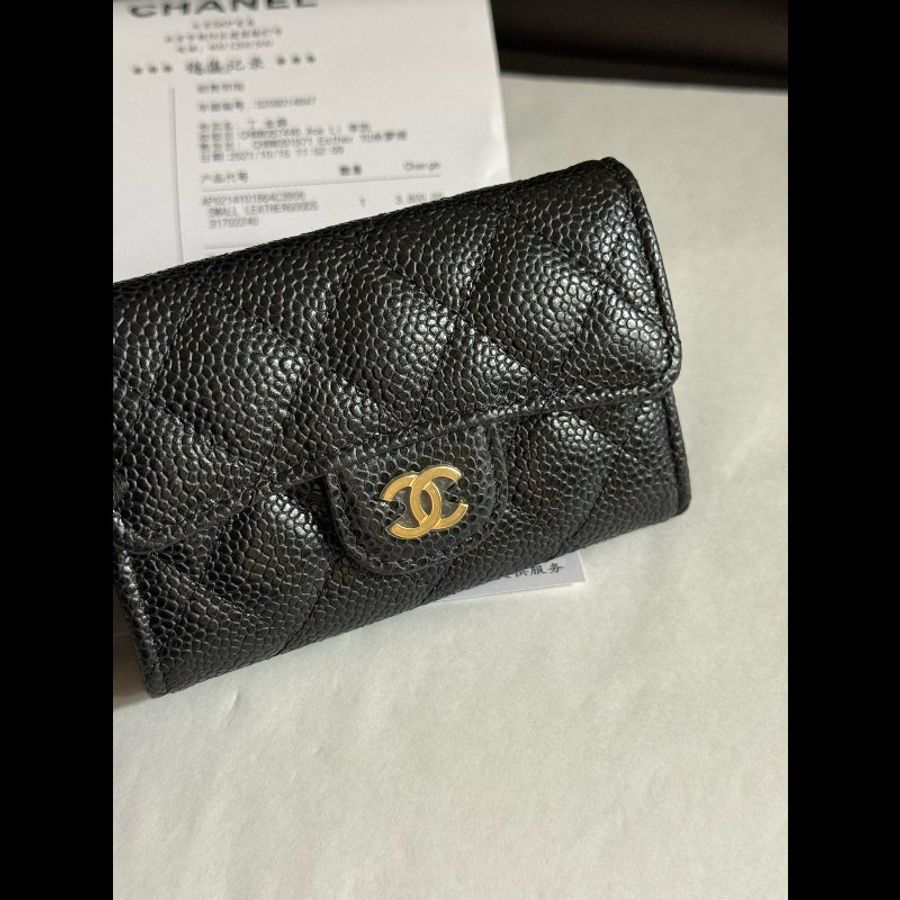 CHANEL香奈兒 99新 黑色金扣黑金荔枝紋牛皮CF卡包零錢包-2