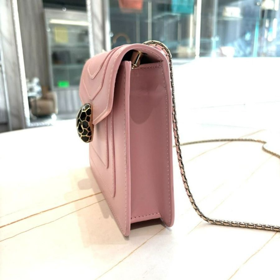 *SHIHNA名牌精品*BVLGARI Serpenti系列FOREVER牛皮琺瑯蛇頭掀蓋方包 (法國玫瑰色)-1