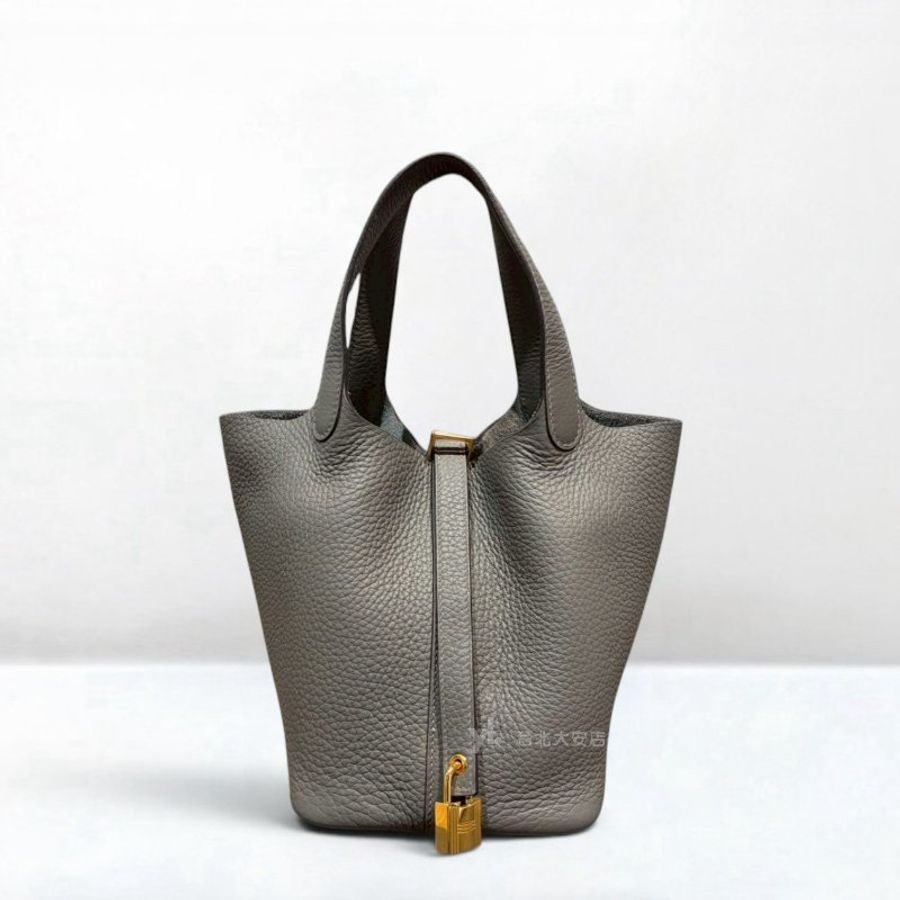 A13349-HERMES 0L積雨雲灰TC皮金釦菜籃子PICOTIN18-0