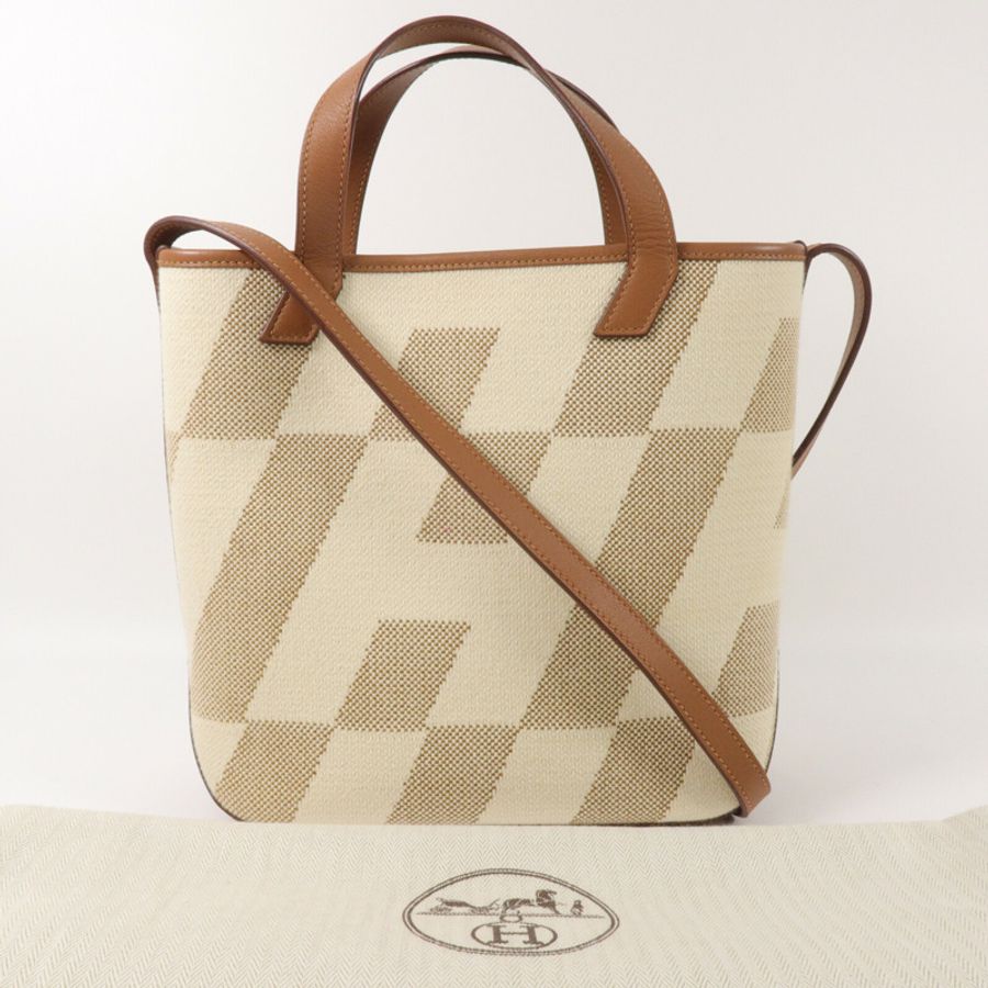 HERMES 帆布Cabas H En Biais 27手挽肩背兩用袋Gold/Beige-8