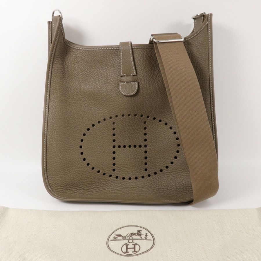 HERMES Clemence皮革Evelyne GM肩背袋Etoupe-8