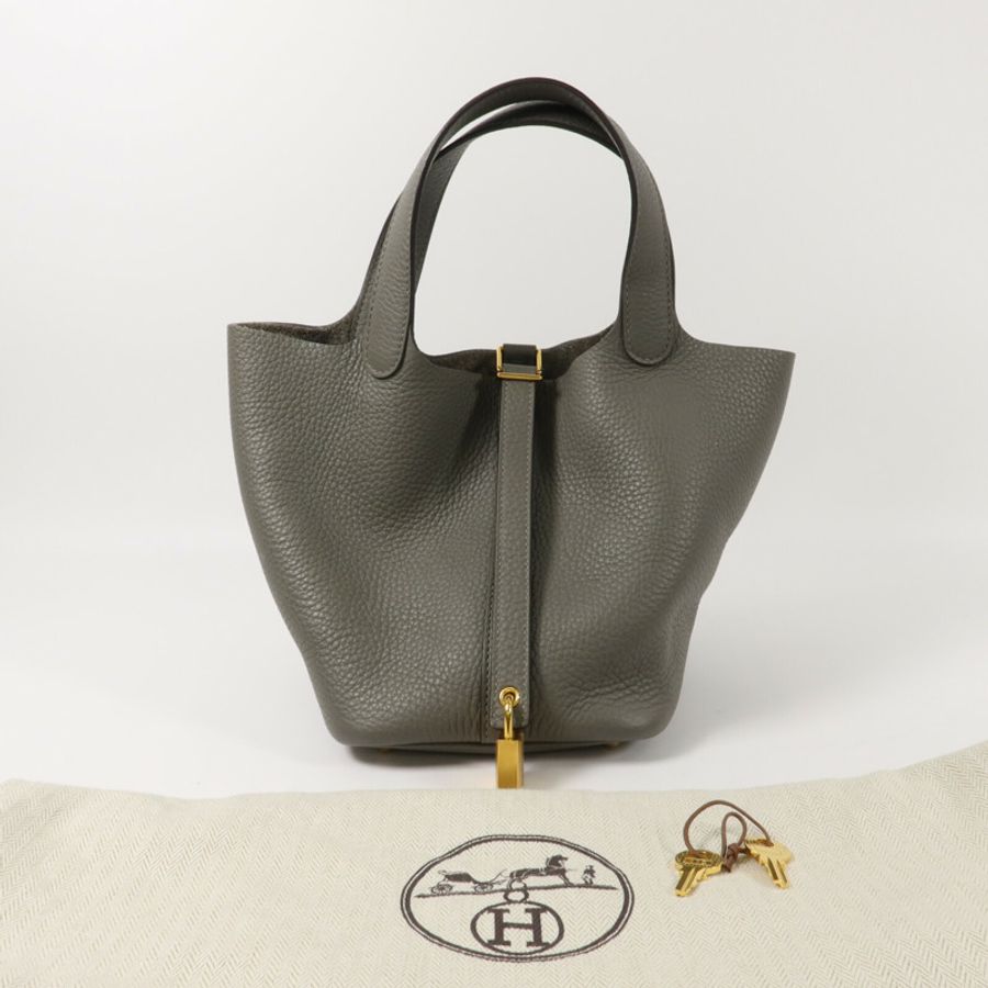 HERMES Clemence皮革Picotin PM手挽袋Gris Meyer-9