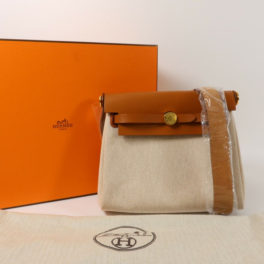 HERMES 帆布Mini Herbag肩背袋Ecru Beige/Fauve-10