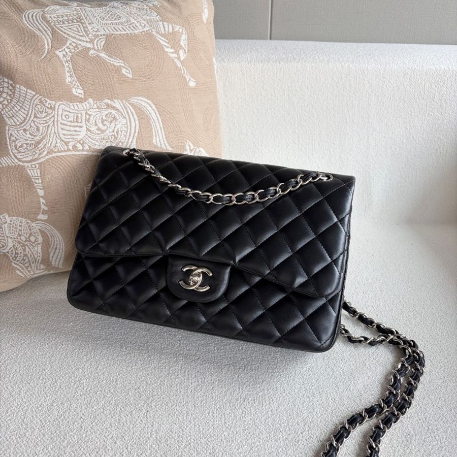 Chanel 黑銀CFJumbo 雙蓋 羊皮 肩背包-4