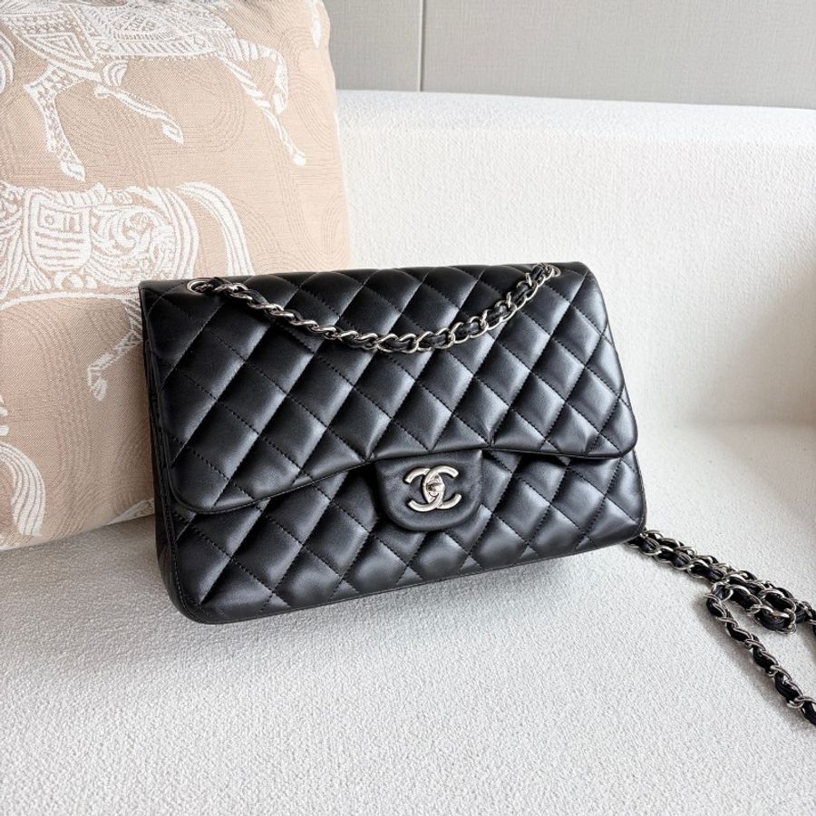 Chanel 黑銀CFJumbo 雙蓋 羊皮 肩背包-6